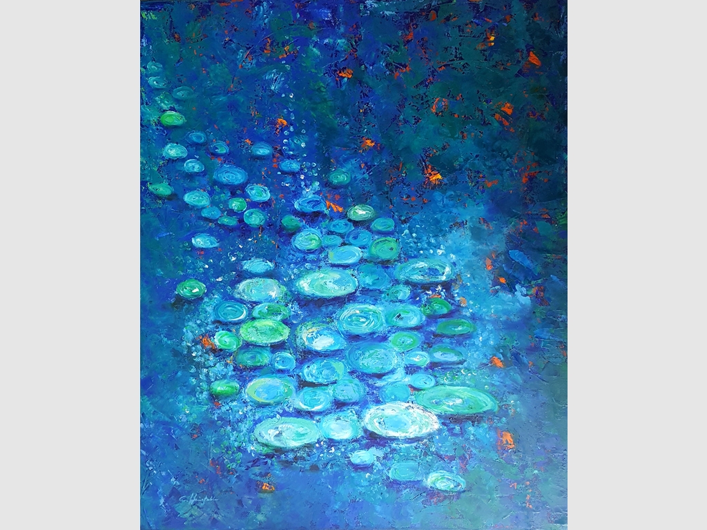 Waterlilies I, mixed media on canvas 110x90 imzali