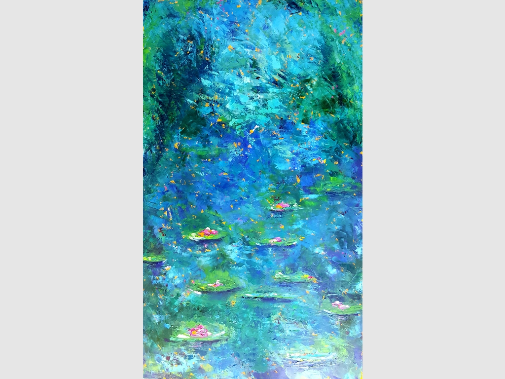 Waterlilies II, mixed media on canvas 120x70 imzali