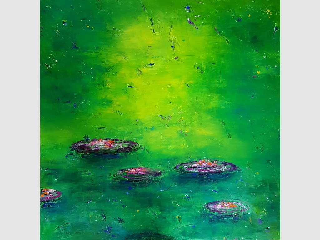 Waterlilies III, mixed media on canvas 100x100 imzali