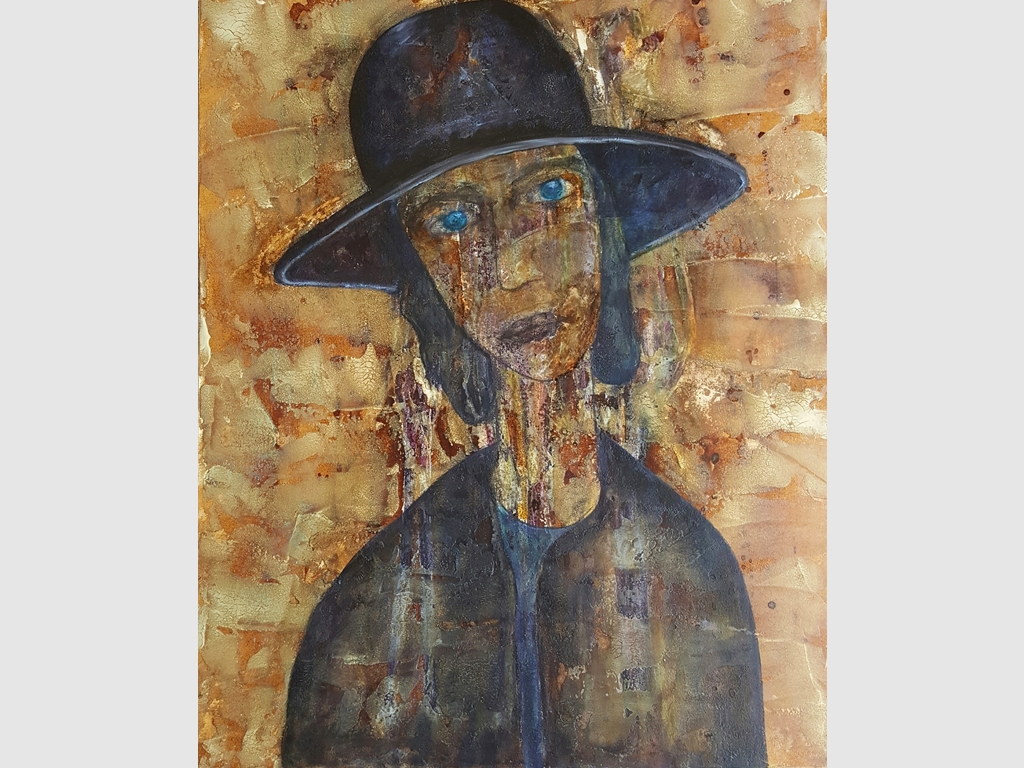 Girl with hat, mixed media on canvas 110x90 imzali